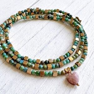Genuine Turquoise & Gold Hematite Wrap Bracelet w/ Sunstone Heart Charm